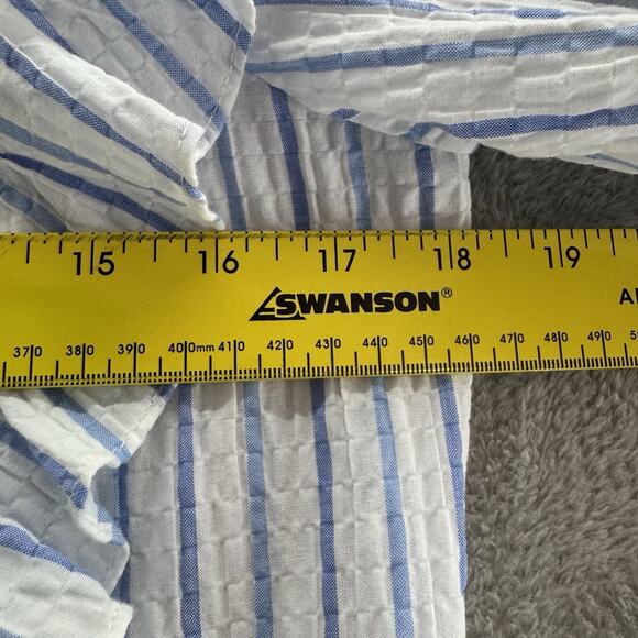 TheGET Top Womens S White Blue Striped Ruffle Button Up Crew Neck Preppy Career - Picture 9 of 12